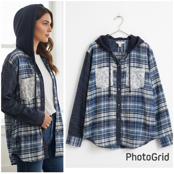 American Eagle Outfitters Tops - American Eagle Mixed Plaid Hoodie Flannel Shirt Women’s Small